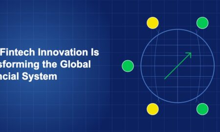 Globe with interconnected fintech symbols including coins and growth arrows on dark blue background