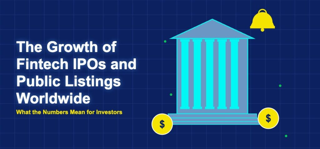 Stock exchange building with columns, IPO bell, and dollar coins representing fintech public listings growth