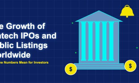Stock exchange building with columns, IPO bell, and dollar coins representing fintech public listings growth