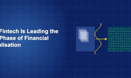 Digital transformation wave converting analog financial symbols into digital code patterns on dark blue background