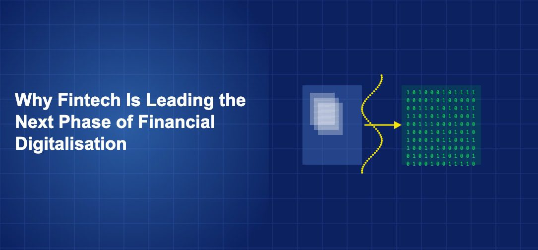 Digital transformation wave converting analog financial symbols into digital code patterns on dark blue background
