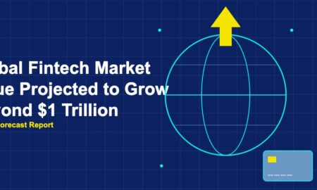 Globe wireframe with growth arrow for fintech market