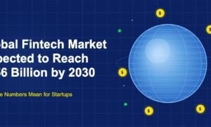 3D globe with dollar coins orbiting around it on a dark blue grid background representing the global fintech market growth