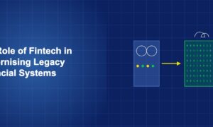 Old mainframe computer being upgraded with modern digital circuit overlays on dark blue background