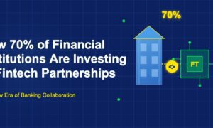 Bank building connected to fintech circuit chip through handshake icon showing 70 percent partnership rate on dark blue grid background