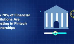 Dark blue illustration with classical bank building, bold handshake in white and cyan, and yellow gear