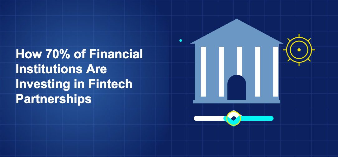 Dark blue illustration with classical bank building, bold handshake in white and cyan, and yellow gear