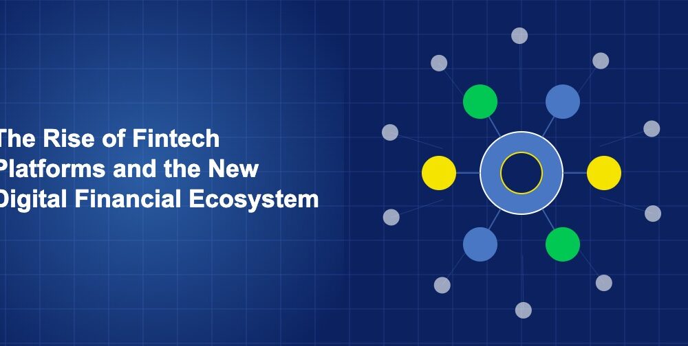 Interconnected platform nodes with data streams and financial symbols forming a network on dark blue background