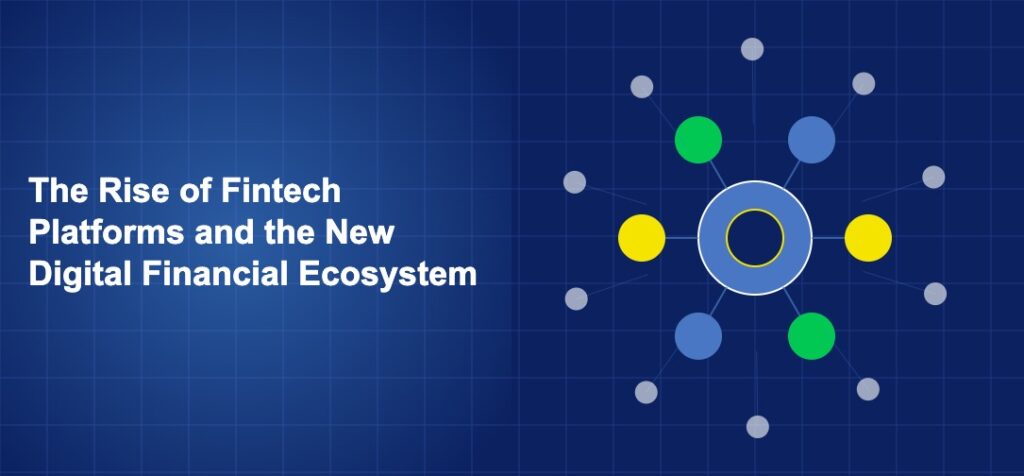 Interconnected platform nodes with data streams and financial symbols forming a network on dark blue background