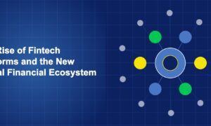 Interconnected platform nodes with data streams and financial symbols forming a network on dark blue background