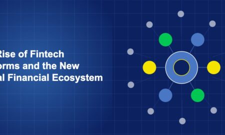 Interconnected platform nodes with data streams and financial symbols forming a network on dark blue background