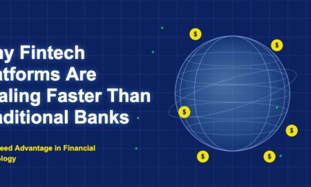 Globe illustration with wireframe grid and yellow dollar circles representing fintech scaling growth
