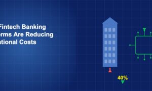 Traditional bank building next to efficient circuit chip icon with cost reduction arrow on dark blue grid