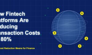 Globe illustration with wireframe grid and yellow dollar circles representing fintech cost reduction