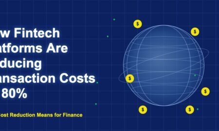 Globe illustration with wireframe grid and yellow dollar circles representing fintech cost reduction