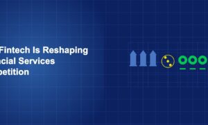 Chess pieces on a grid with traditional bank pieces facing modern fintech pieces on dark blue background