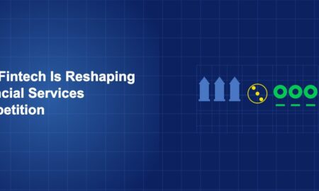 Chess pieces on a grid with traditional bank pieces facing modern fintech pieces on dark blue background