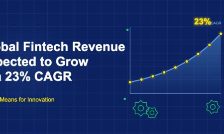 Exponential growth chart with data points showing 23 percent CAGR and innovation gears on dark blue grid background
