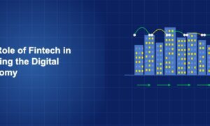 Digital cityscape with interconnected financial data streams and payment flow arrows on dark blue background
