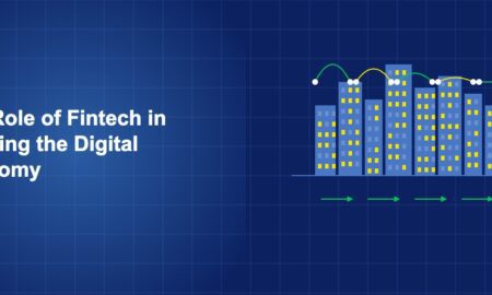 Digital cityscape with interconnected financial data streams and payment flow arrows on dark blue background