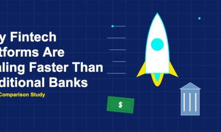 Rocket racing past bank building showing fintech speed