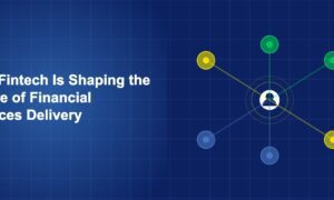 Multiple delivery channels converging on a consumer with digital financial service streams on dark blue background