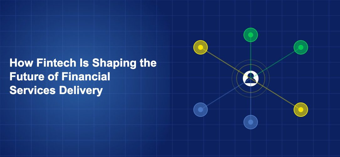 Multiple delivery channels converging on a consumer with digital financial service streams on dark blue background