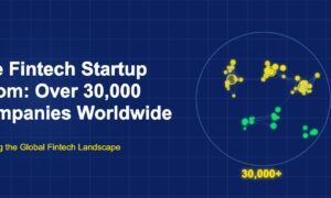 World map with glowing dot clusters representing 30000 fintech companies across continents on dark blue grid background