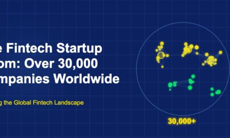 World map with glowing dot clusters representing 30000 fintech companies across continents on dark blue grid background