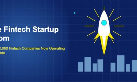 Dark blue illustration with massive rocket launching with yellow flame trail starburst and city skyline below