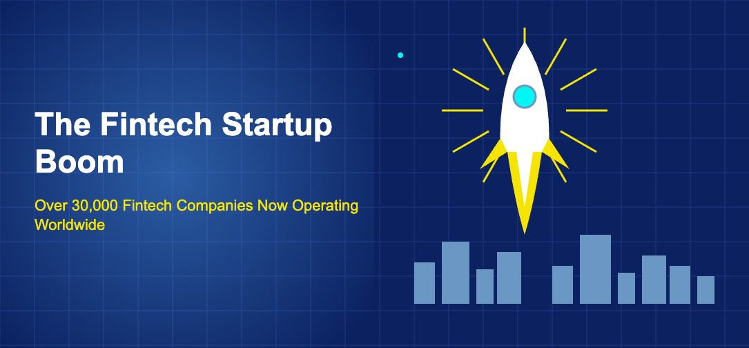 Dark blue illustration with massive rocket launching with yellow flame trail starburst and city skyline below