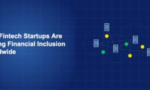 Hands holding mobile phones with money transfer symbols connecting across a map outline on dark blue background