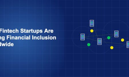 Hands holding mobile phones with money transfer symbols connecting across a map outline on dark blue background