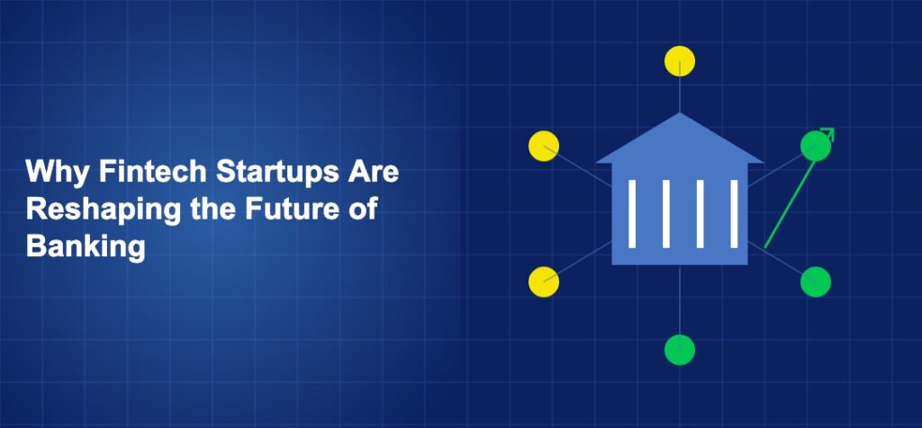 Bank building with digital startup icons, charts and upward arrows on dark blue background