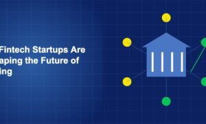 Bank building with digital startup icons, charts and upward arrows on dark blue background