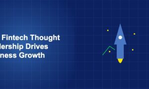 Illustration of rocket growth concept with geometric shapes on dark blue background