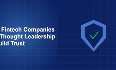 Illustration of handshake trust concept with geometric shapes on dark blue background