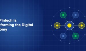 Digital economy ecosystem with interconnected commerce, payment, and data flow symbols on dark blue background