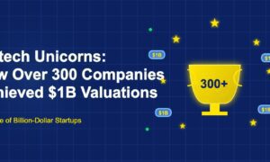 Golden trophy with 300 plus label surrounded by stars and billion-dollar badges representing fintech unicorns on dark blue grid background