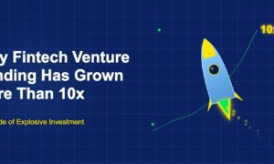 Rocket launching with exhaust trail and background growth line graph showing 10x venture funding increase on dark blue grid background