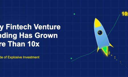 Rocket launching with exhaust trail and background growth line graph showing 10x venture funding increase on dark blue grid background