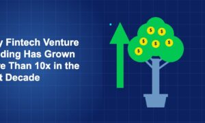 Dark blue illustration with large money tree with coin fruit growing from pot and bold green upward arrow