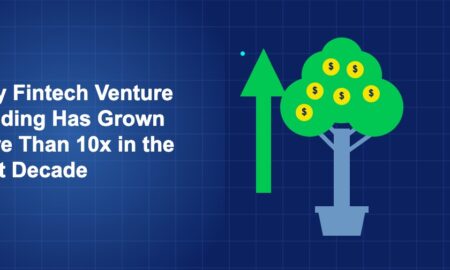 Dark blue illustration with large money tree with coin fruit growing from pot and bold green upward arrow