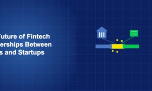 Handshake symbol with bank and technology elements merging at the connection point on dark blue background