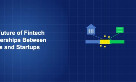 Handshake symbol with bank and technology elements merging at the connection point on dark blue background