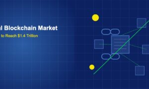 Connected blockchain blocks with chain links growth arrow and coin symbols on dark blue grid