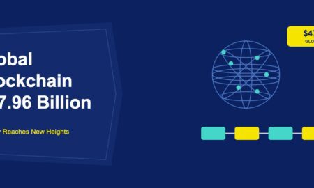 Globe with blockchain nodes and $47.96 billion market badge on dark navy background