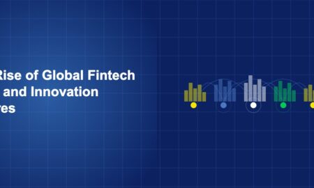 City skyline silhouettes at different locations connected by arcing network lines on dark blue background