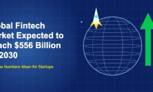 Dark blue illustration with large globe, green upward arrow, and rocket launching