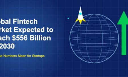 Dark blue illustration with large globe, green upward arrow, and rocket launching